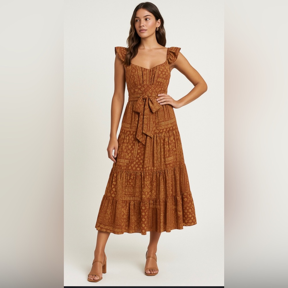 Trixxi‎ Rust Boho Patchwork Ruffle Strap belted T… - image 1
